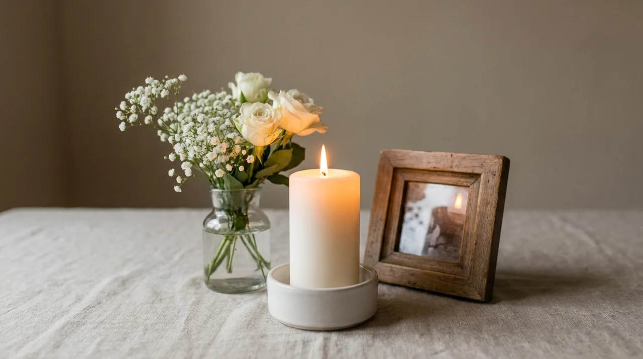 A softly lit white candle beside quiet white flowers, a calm memorial still life